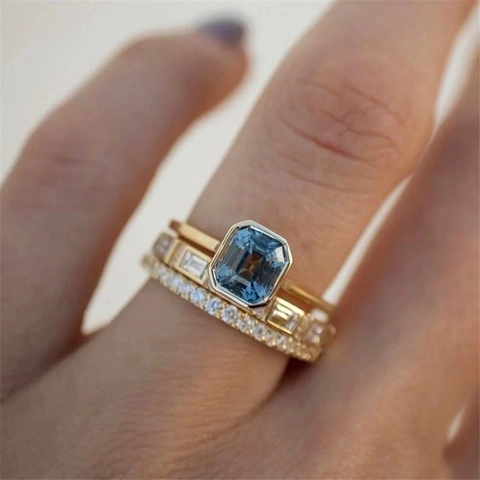 Smaragdschliff Blau Zirkon Kupfer Ringe Stapelbar Vergoldet Finger Schmuck Für Frauen Elegant