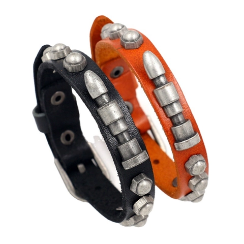 Herren Echtleder Armband Vintage Punk Nieten Patrone Mutter Verstellbares Armband Goth Schmuck