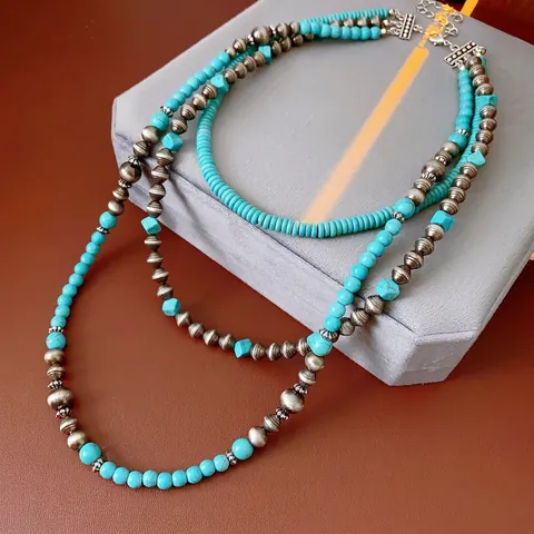 Collana Multistrato Boho Con Pietre Turchesi E Perle In Lega Di Rame Argento Antico Gioielli Etnici Vintage Per Donna