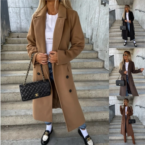 Women Long Woolen Trench Coat Double Breasted Lapel Belted Elegant Winter Outerwear Solid Color Long Sleeve Overcoat