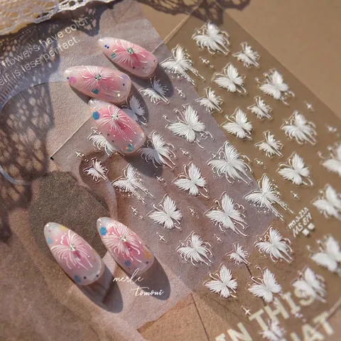 White Butterfly Nail Art Stickers Embossed Relief Thin Adhesive Decals DIY Manicure Elegant Decor For Women