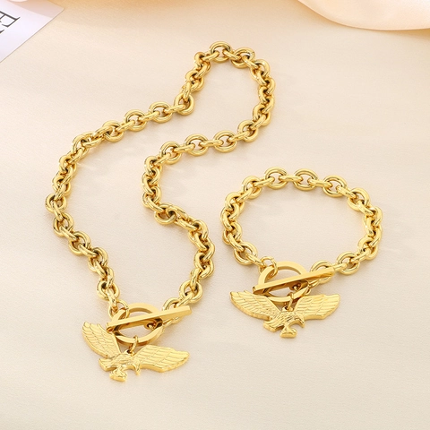 Joyas De Acero Inoxidable Para Mujer Con Colgantes Mano De Fátima Y Águila Collar Y Pulsera De Cadena Gruesa Con Cierre OT