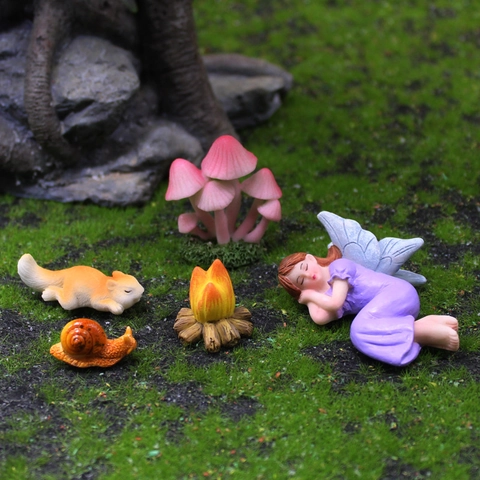 Sleeping Flower Fairy Garden Miniature Figures Resin Mushroom Squirrel Snail And Fireplace Micro Landscape Ornament