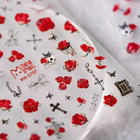 Adesivi Unghie Rilievo 3D Gotico Rosa Rossa Teschio Croce Vintage Goffrato Autoadesivo Manicure Romantica Oscura