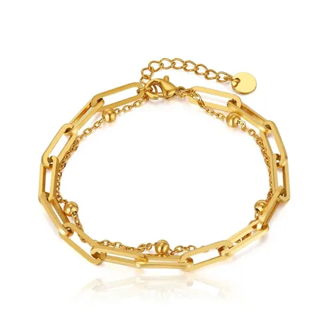Double Layer Bracelet Stainless Steel Paperclip Link And Satellite Bead Chain Geometric Fashion Style For Women