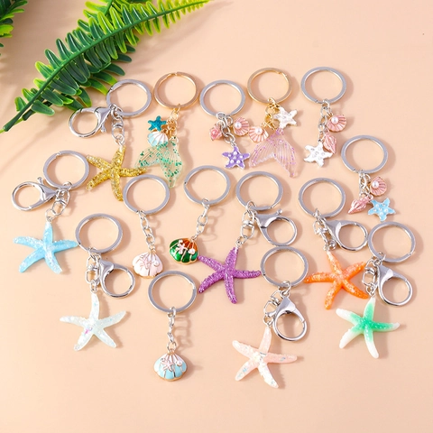 Llavero Tema Océano Con Estrella de Mar de Resina Purpurina Concha Cola de Sirena Perla Artificial Diamantes de Imitación Para Mujer Bolso Colgante Joyería Regalo