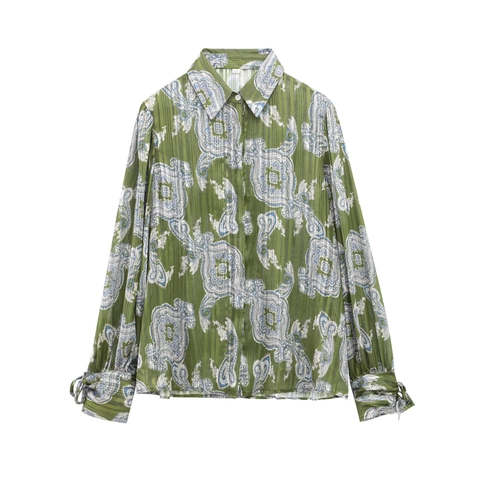 Dames Blouse Met Paisley Print Metallic Lurex Chiffon Lange Mouwen Reverskraag Strikmanchetten Vintage Shirt Met Knopen