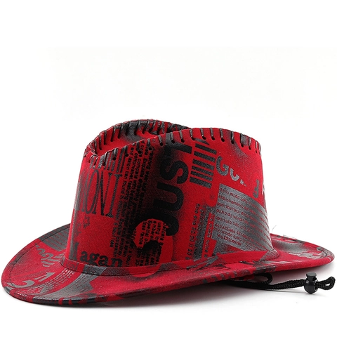 Western Cowboy Hat Faux Leather Newspaper Letter Print Wide Brim Sun Protection Adjustable Windproof Rope Vintage Men