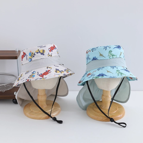 Kids Sun Hat With Neck Flap Polyester Quick Dry UV Protection Cartoon Dinosaur Car Print Breathable Bucket Hat