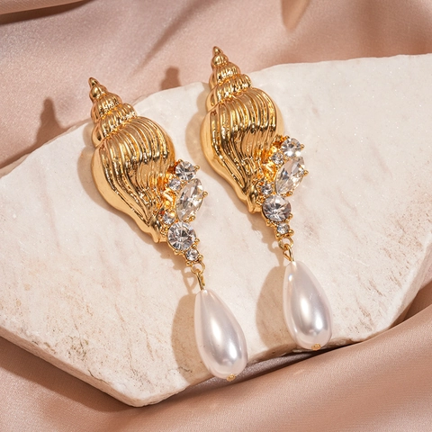 Conch Shell Drop Earrings Alloy Rhinestone 925 Sterling Silver Earring Post Vintage Ocean Style Artificial Pearl Jewelry For Women