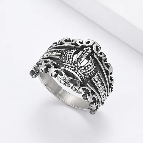 Crown Ring Vintage Gothic Punk Design Stainless Steel With Zircon Inlay For Men Antique Silver Style Accessory