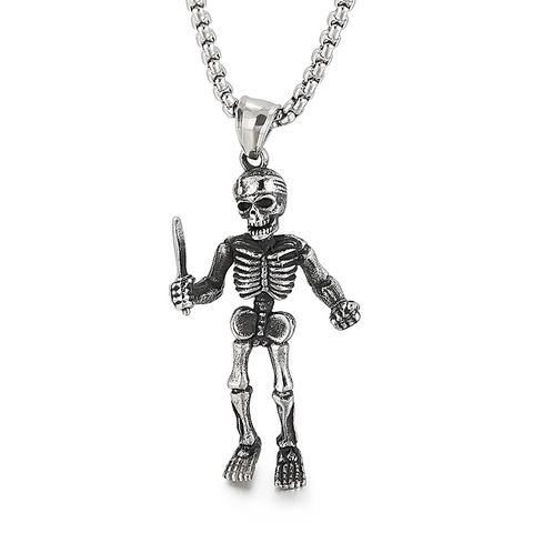 Skeleton Skull Pendant Necklace 316L Stainless Steel Sword Soldier Vintage Punk Gothic Jewelry For Men Retro Style