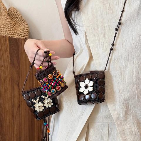 Boheemse Kokosnootschil Mini Crossbodytas Handgemaakte Etnische Houten Kralen Ketting Tasje Voor Oortelefoons Lippenstift