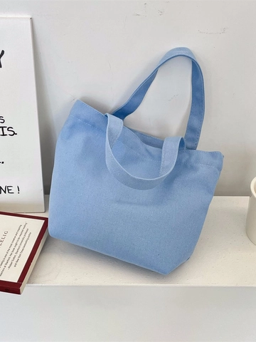 Canvas Handbag Solid Blue Mini Tote Portable Lunch Bag Makeup Organizer For Daily Use Women