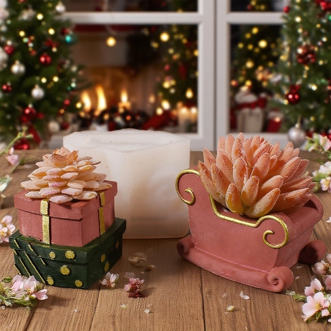 Moldes De Silicona De Navidad Trineo Caja De Regalo Forma Bota Para Maceta DIY Yeso Vela Decoración Festiva