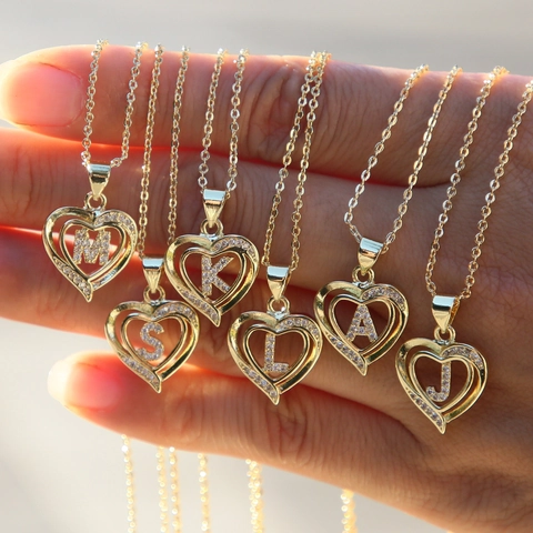 Brass Heart Shaped Initial Pendant Necklace With Rhinestone A-Z Alphabet Letter Jewelry Valentine Gift For Women