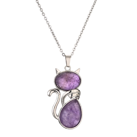 Collier Pendentif Chat Mignon Avec Pierres Naturelles Améthyste Quartz Rose Bijoux Animaux Vintage Pour Femmes Filles