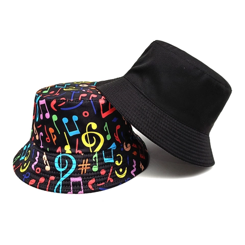 Bob Réversible Polyester Imprimé Notes De Musique Protection Solaire Rétro Hip Hop Chapeau De Pêcheur Femmes Hommes