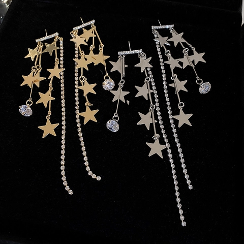 Star Tassel Earrings Rhinestone Copper Jewelry With Silver Earring Post Long Dangle Drop Fashion Elegant Women