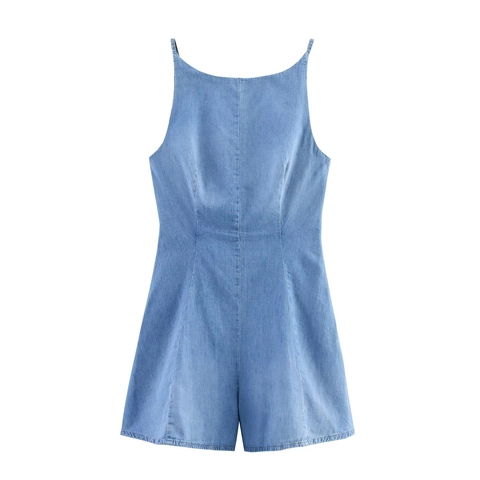 Women's Sexy Backless Denim Romper Square Neck Sleeveless Tie-Up High Waist Cotton Blend Straight Shorts Jumpsuit Summer Wear