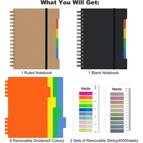 Spiral Notebook Hardcover Kraft Paper With Ruler Bookmark And Color Sticky Notes Portable Journal For School Office Writing