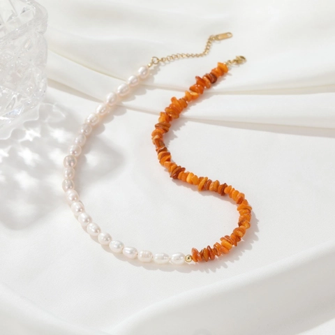Fashion Spliced Freshwater Pearl Natural Stone Necklace For Women Titanium Steel Gold Plated Bohemian Jewelry Gift
