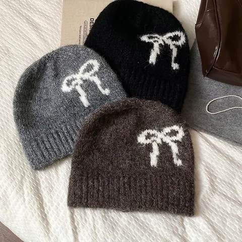 Gorro De Punto De Felpa Con Jacquard De Lazo Estilo Coreano Dulce Gorro De Invierno Cálido Para Mujer