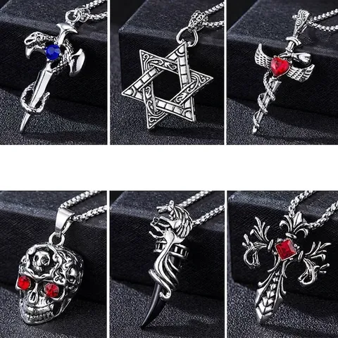 Gothic Punk Pendant Necklace Alloy Dragon Skull Cross Wolf Tooth Rhinestone Vintage Jewelry For Men Women