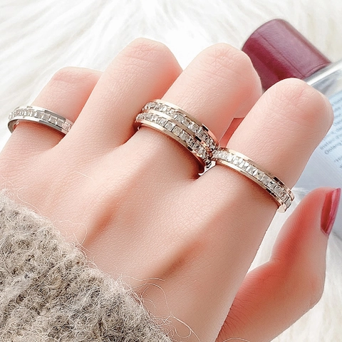 Mode Edelstahl Ewigkeit Band Ring Für Damen 18K Roségold Vergoldet Quadratisch Strass Reihe Minimalistischer Schmuck Geschenk