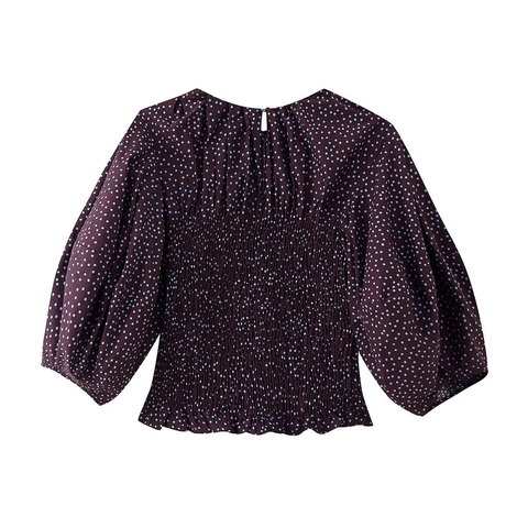 Gekräuselte Polka Dot Bluse Für Damen Lila Polyester Puffärmel Rundhals Lässiges Süßes Hemd