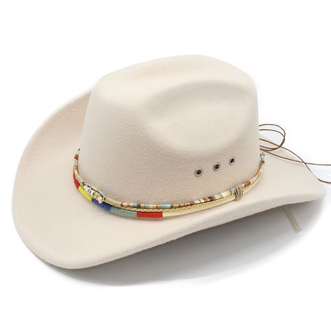 Western Cowboy Hat Cotton Polyester Felt With Colorful Braided Band And Ethnic Beads Wide Brim Outdoor Retro Unisex