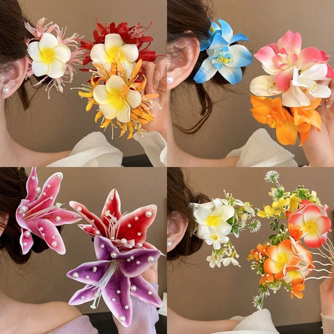 Épingle à Cheveux Fleur en Tissu Fait à la Main Alliage Strass Perle Artificielle Pic à Cheveux Élégant Éthéré pour Femme Fête Vacances