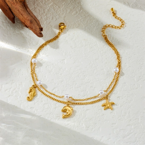 Cavigliera A Strati In Acciaio Inossidabile Con Künstliche Perle Artificiali Ciondoli Cavalluccio Marino Delfino E Stella Marina Gioielli Placcati In Oro Da Donna