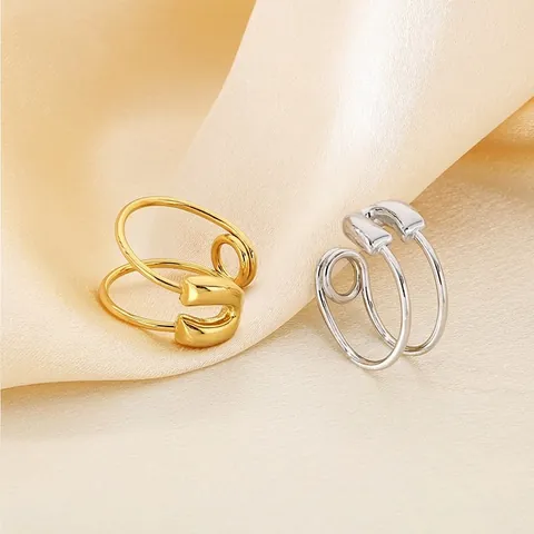 Stainless Steel Safety Pin Open Ring Minimalist Double Layer Spiral Adjustable Punk Band Jewelry For Women