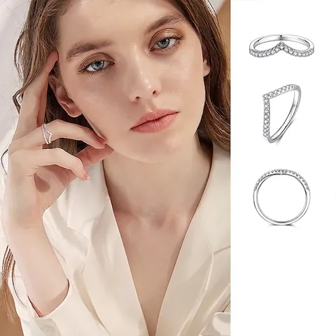 Luxury 925 Sterling Silver Moissanite V-shaped Stackable Ring Women 18K Gold Plated Eternity Band Anniversary Wedding Jewelry