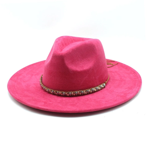 Fedora Hat Wide Brim Suede Polyester Ethnic Beaded Band Vintage Jazz Style Autumn Winter Unisex Fashion Accessory