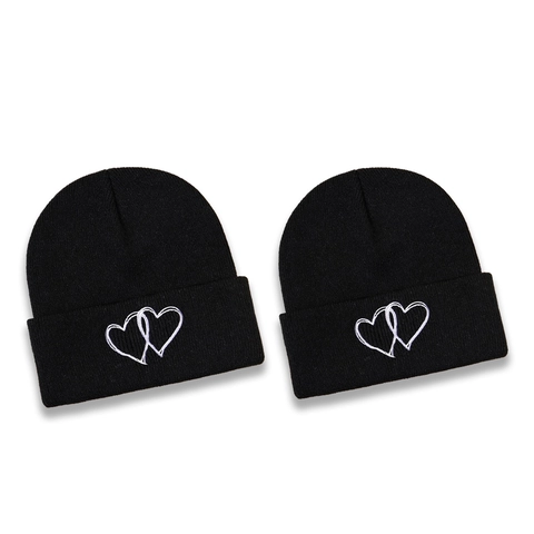 Gorro De Punto Bordado De Corazón Acrílico Cálido Invierno Gorro Con Dobladillo Para Mujeres Y Hombres Negro Moda