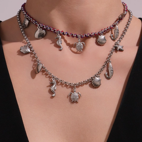 Collana Acciaio Inossidabile Placcato Oro Zircone Kyanite Conchiglia Oceano Tartaruga Cavalluccio Marino Luna Stella Donne