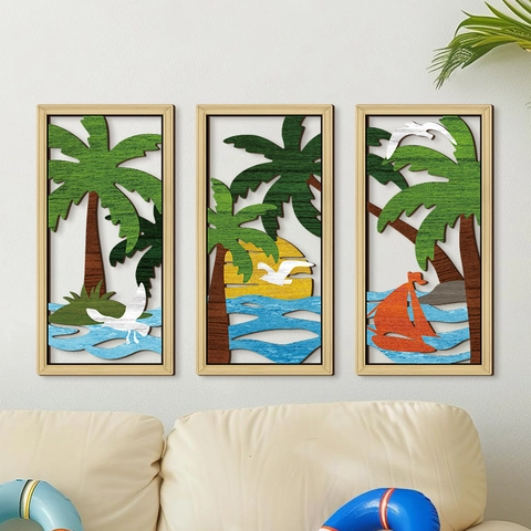 Tropischer Strand Holz Wandbehang Dekoschild Ausgehöhlt Kokospalme Sonnenuntergang 3D Wandkunst Für Heimdeko
