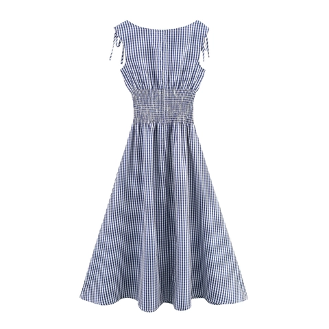 Dames Gingham Geruite Midi Jurk Polyester Schouderstrikjes Gesmokte Taille A-Lijn Elegant Vakantie Mouwloos