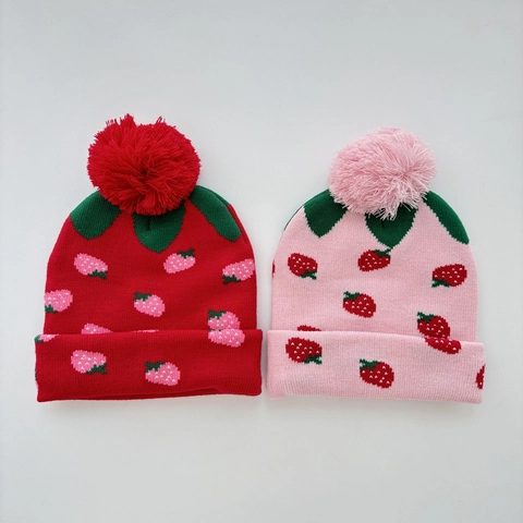 Strawberry Jacquard Knitted Beanie Hat Acrylic Warm Winter Pom Pom Pullover For Toddler Kids Girls