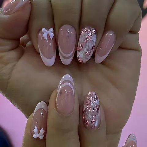 Press On Nails French Pink White Tip 3D Bow Glue On Artificial Nails Almond Shaped For Women Sweet Elegant