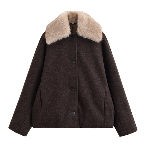 Giacca di Lana Casual da Donna con Collo in Pelliccia Sintetica Cappotto Monopetto Vintage a Tinta Unita Autunno Inverno
