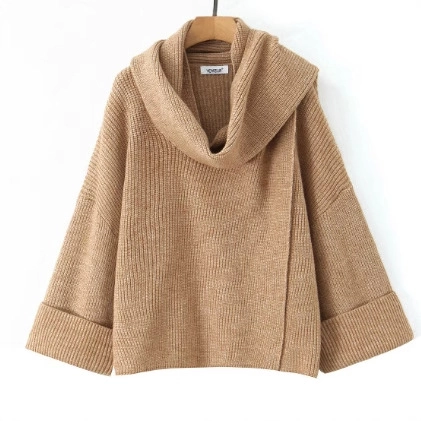 Women Oversized Knitted Sweater Pullover Cowl Neck Scarf Chunky Knit Loose Fit Vintage Winter Top Solid Color
