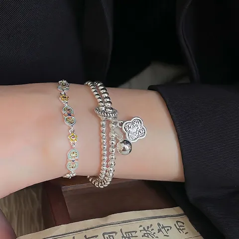 Enamel Flower Bracelet For Women Copper Vintage New Chinese Style Layered Bead Chain With Bell Ruyi Charm Adjustable