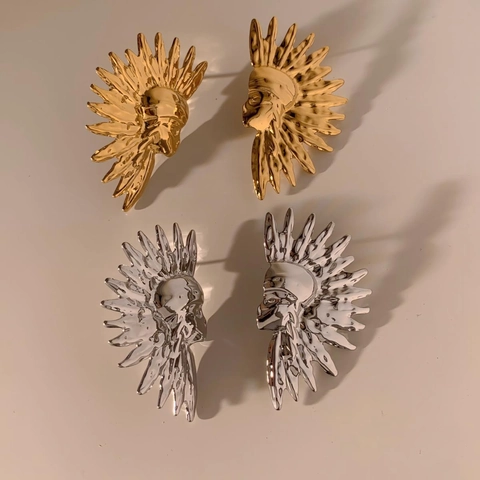 Stainless Steel Stud Earrings Indian Chief Head Tribal Warrior Feather Headdress Bohemian Jewelry Waterproof Hypoallergenic Women