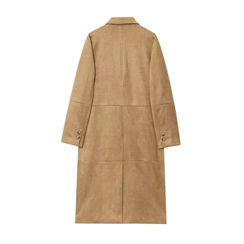 Women Long Faux Suede Coat Elegant Notch Lapel Double Button Trench Outerwear Casual Solid Khaki Jacket