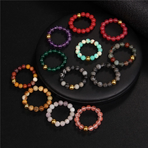 Bohemian Natural Stone Beaded Rings For Women 18K Gold Plated Bead Elastic Ring Colorful Gemstone Agate Amethyst Handmade Jewelry