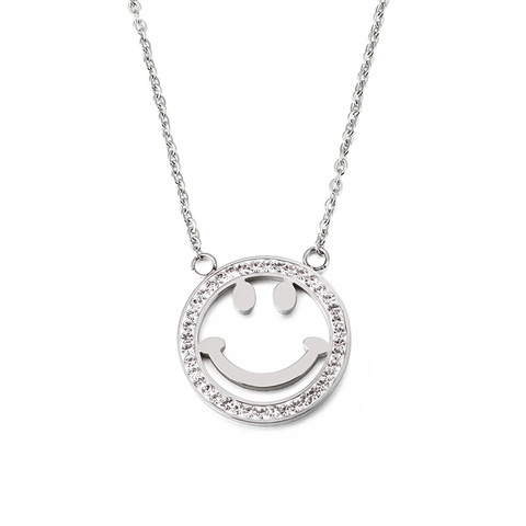 Roestvrijstalen Smile Face Ketting Holle Ronde Hanger Rhinestones Dames Minimalistisch Schattig Sleutelbeenhanger Sieraden