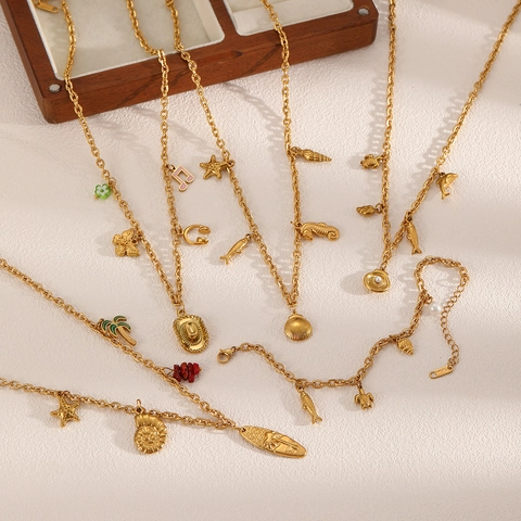 Collana Con Ciondoli Oceano Placcato Oro 18K Acciaio Inossidabile Pendente Conchiglia Stella Marina Cavalluccio Marino Gioielli Da Spiaggia Estate Per Donne